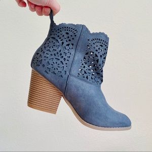 Blue Suede Lasercut Block Heel Booties